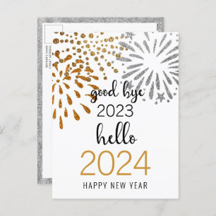 Good Bye 2023 Hello 2024 Festive Fireworks Gold Holiday Postcard