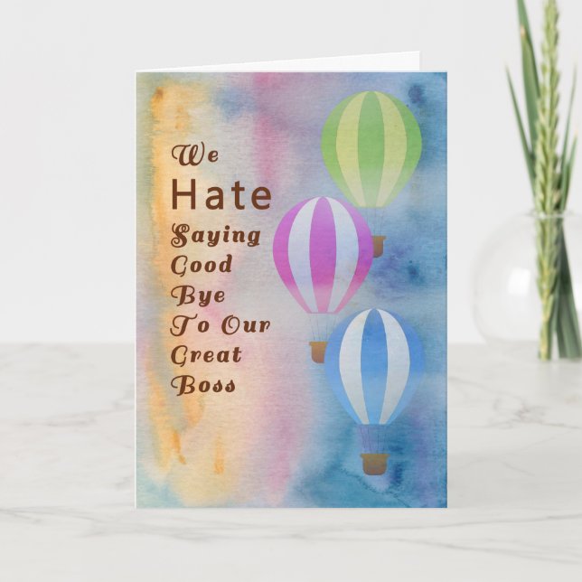 Good Bye to Boss Card, Watercolor Hot Air Balloons Card (Front)