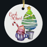 Good Cheer! Tree, Hot Chocolate, Family Names Ceramic Ornament<br><div class="desc">Good Cheer! Tree, Hot Chocolate, Family Names Ceramic Ornament - A watercolor Christmas Ornament with a stylised tree with star on top paired with a gorgeous mug of hot chocolate with whipped cream and a candy cane. The greeting "Good Cheer" is different and still very welcoming. The opposite side of...</div>