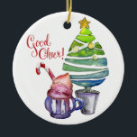 Good Cheer! Tree, Hot Chocolate, Family Names  Ceramic Ornament<br><div class="desc">Good Cheer! Tree, Hot Chocolate, Family Names Ceramic Ornament - A watercolor Christmas Ornament with a stylised tree with star on top paired with a gorgeous mug of hot chocolate with whipped cream and a candy cane. The greeting "Good Cheer" is different and still very welcoming. The opposite side of...</div>
