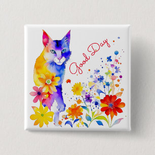 Good Day Watercolor Cat and Flowers 15 Cm Square Badge