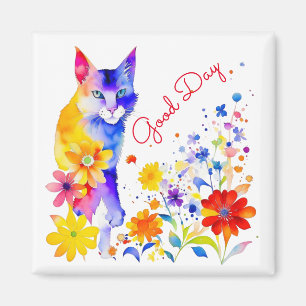 Good Day Watercolor Cat and Flowers Magnet