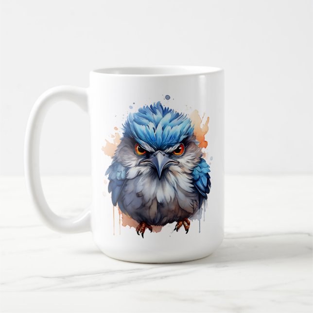 Good Grumpy Morning Bird Cute Fluffy Angry Blue Coffee Mug (Left)
