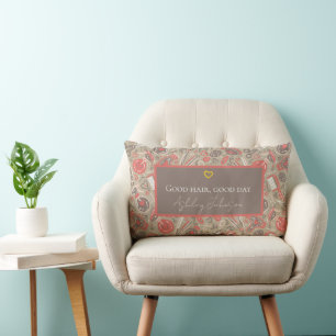 Good hair, good day — taupe & coral salon decor lumbar cushion