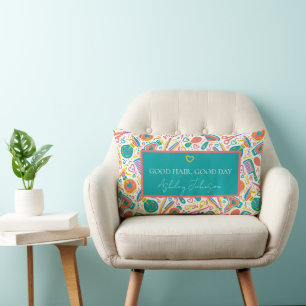 Good hair, good day — teal, coral & mustard lumbar cushion