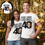Good lordy look who is 40 40th birthday two photos T-Shirt<br><div class="desc">40th birthday message God Lordy, look who is 40 custom two photos and name t-shirt. Fun 40th personalised photo black and white birthday tee design. Personalise this birthday shirt with a photograph of the birthday boy or girl in the middle of the number 0 on the front and another childhood...</div>