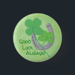 Good Luck Button<br><div class="desc">The perfect gift for any occasion is the gift of good luck. This fun horseshoe and four leaf clover design is sure to bring a happy smile to the face of anyone who has one. Personalise it by changing or adding your own text or message, just select the "Customise It"...</div>