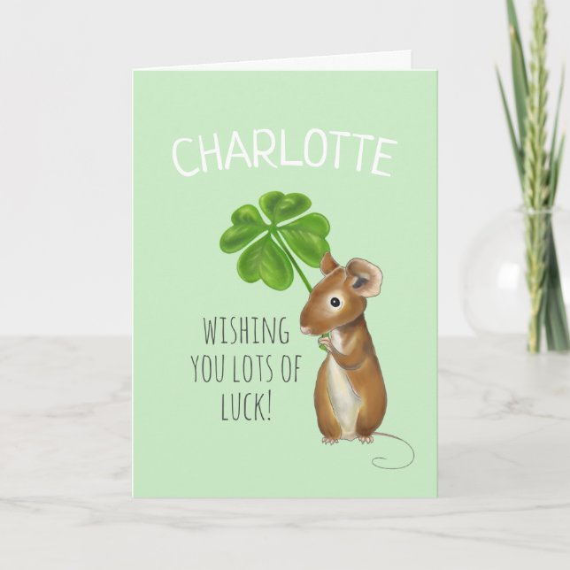 Good Luck Card, Sweet Mouse and Four Leaf Clover Card (Front)