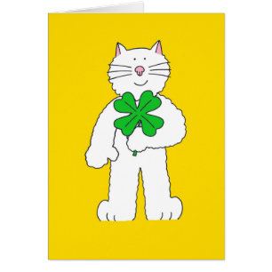 Good Luck Cartoon Cat with Four Leaf Clover