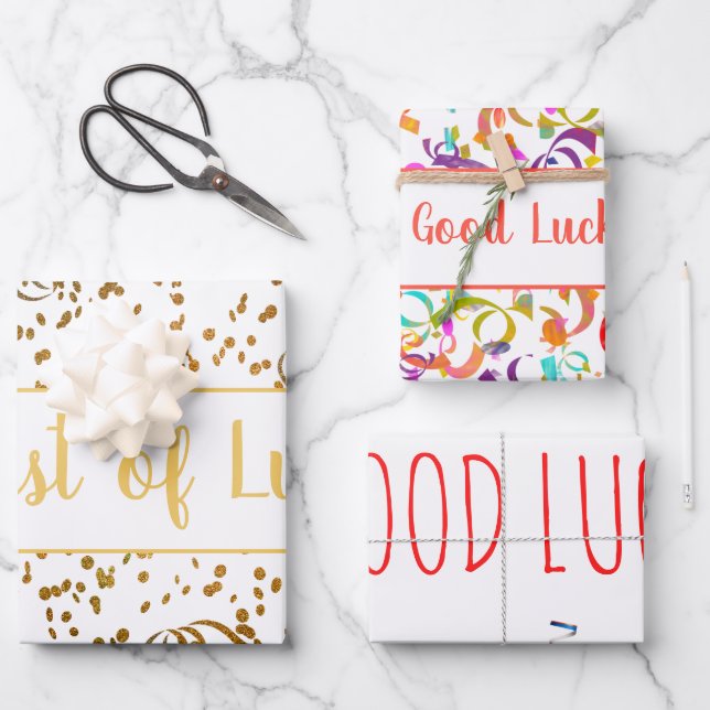 Good Luck Colourful Confetti Streamers Gold Custom Wrapping Paper Sheet (Front)