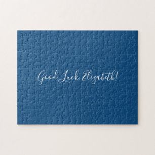 Good Luck Custom Name Script on Solid Blue Funny Jigsaw Puzzle