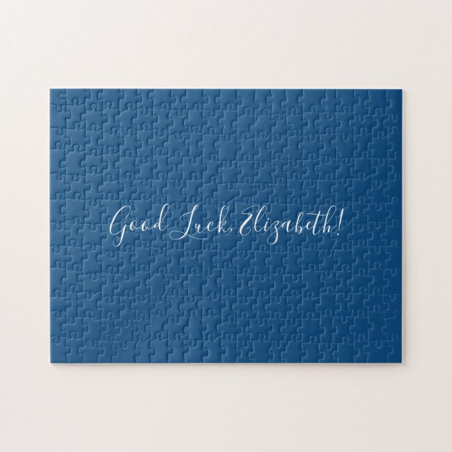 Good Luck Custom Name Script on Solid Blue Funny Jigsaw Puzzle (Horizontal)