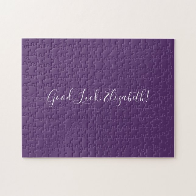 Good Luck Custom Name Script on Solid Purple Funny Jigsaw Puzzle (Horizontal)
