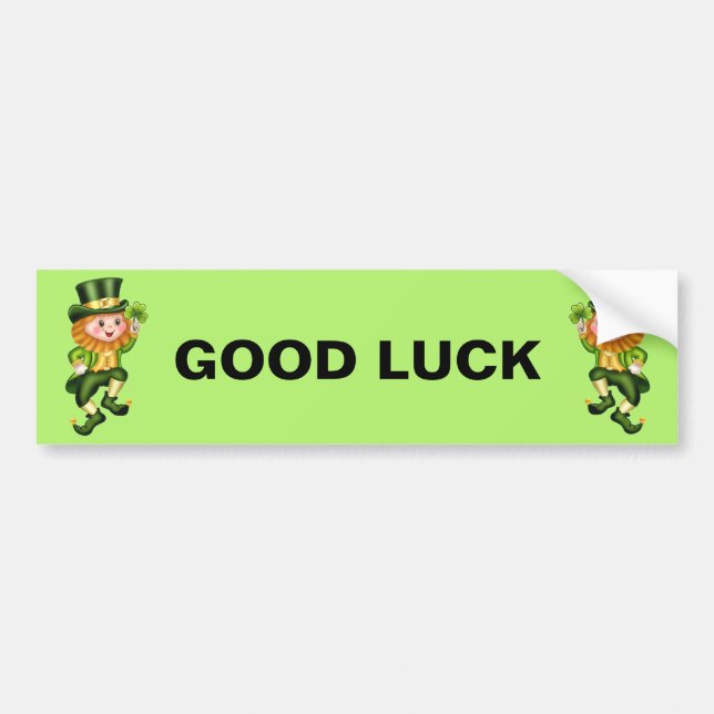 Good luck cute leprechauns & shamrocks on green bumper sticker (Front)