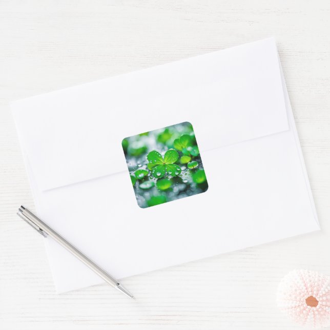 Good Luck Four-Leaf Clover Square Sticker (Envelope)