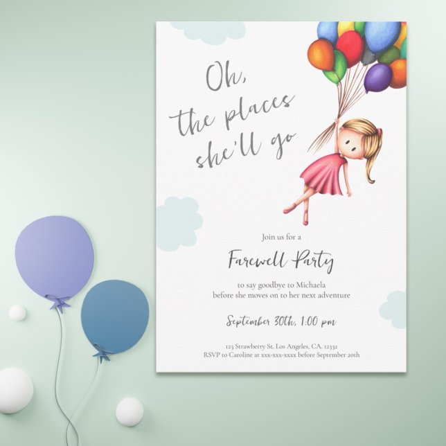 Good Luck Girl with Balloons Farewell Invitation (Farewell invitation with a girl and balloons floating away. Perfect for retirements and graduations)