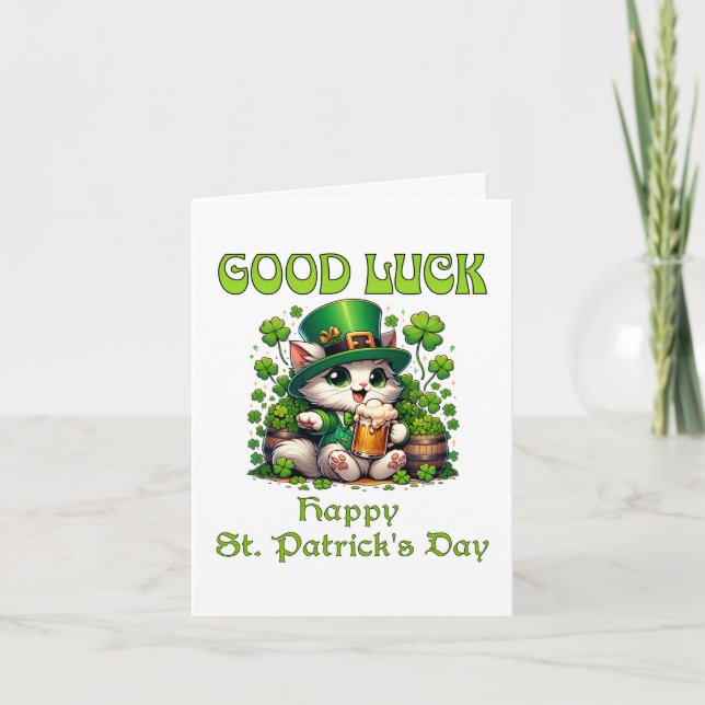 Good Luck Happy St Patricks Day Cute Cat Beer Mug  Card (Front)