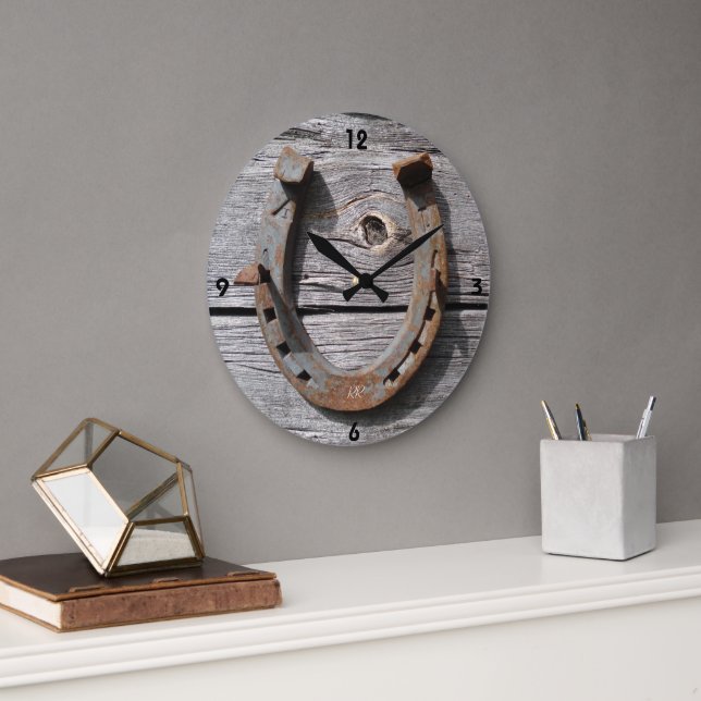 Good Luck Horseshoe on Wooden Fence Wall Clock (Office)
