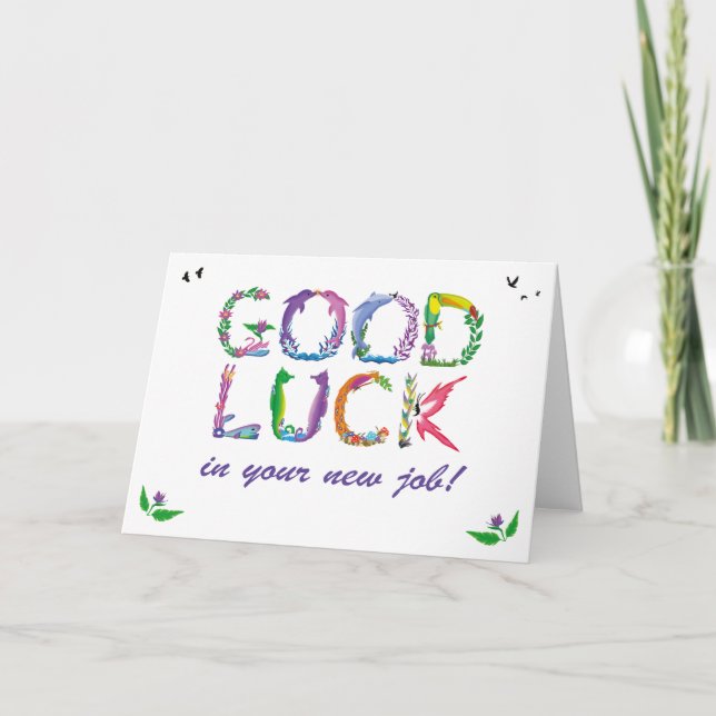 Good Luck in new job - tropical word art Thank You Card (Front)