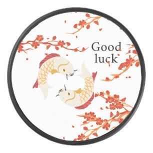 Good Luck Koi Fish with Sakura   Elegant Japanese  Hockey Puck