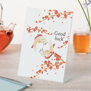 Good Luck Koi Fish with Sakura Elegant Japanese Pedestal Sign