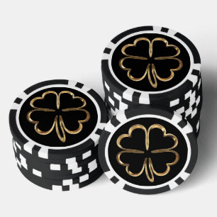Good Luck Symbol Four Leaf Clover Black and Gold Poker Chips