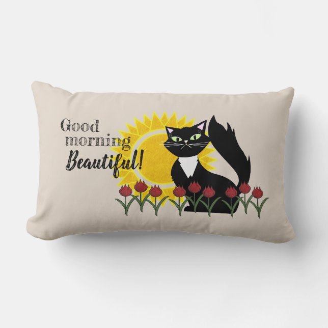 Good Morning Beautiful! Cat with Sun and Tulips Lumbar Cushion (Front)
