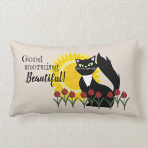 Good Morning Beautiful! Cat with Sun and Tulips Lumbar Cushion