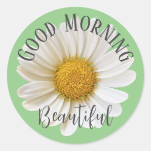 Good Morning Beautiful White Daisy Sage Green Classic Round Sticker