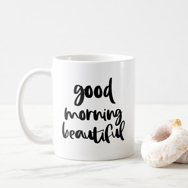 Good Morning BeautifulBlack Modern Typography Mug (With Donut)