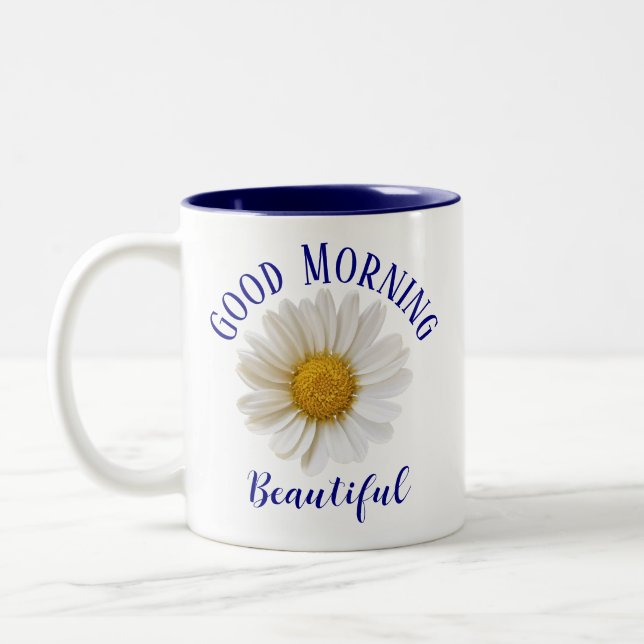 Good Morning Blue Text White Daisy Two-Tone Coffee Mug (Left)