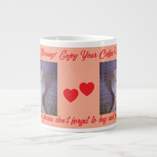 Good Morning Cat Photo, Hearts & Humor Text, Smile Large Coffee Mug