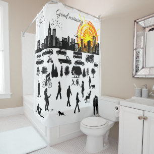Good Morning, City funny, positive, unique Shower Curtain