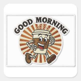 "Good Morning" Coffee Cup Mascot Embroidered Patch Square Sticker