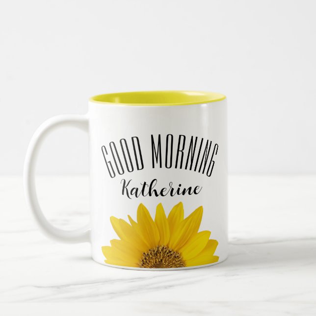 Good Morning Custom Name Sunflower Two-Tone Coffee Mug (Left)