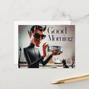 Good Morning Devil Feeding Cat Postcard