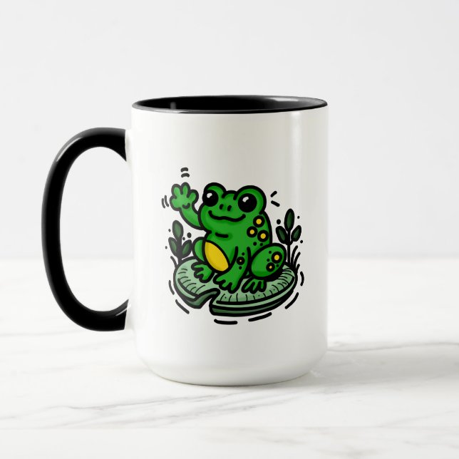 Good Morning Frog on Lily Pad Hand Drawn Mug (Left)