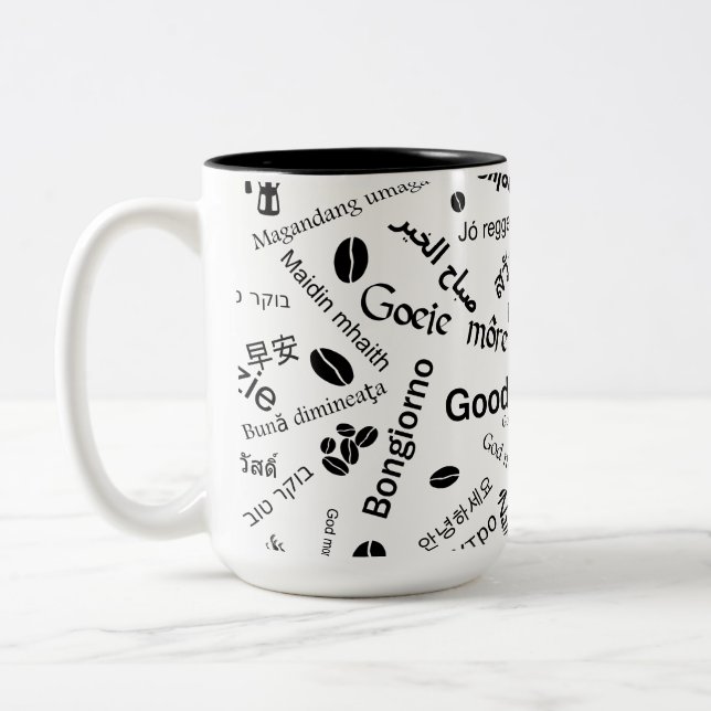Good Morning in all languages of the Word Two-Tone Coffee Mug (Left)