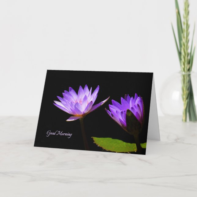 Good Morning Note Card with Purple Water Lilies (Front)