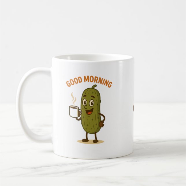 Good Morning Pickle Cartoon Character Coffee Mug (Left)