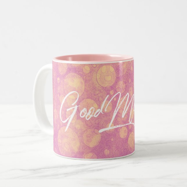 Good Morning Pink Circles Two-Tone Coffee Mug (Front Left)