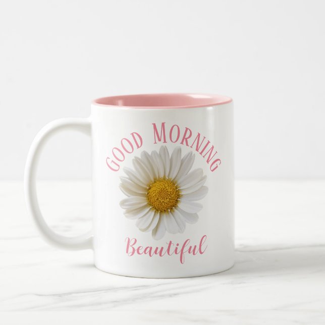 Good Morning Pink Text White Daisy Two-Tone Coffee Mug (Left)