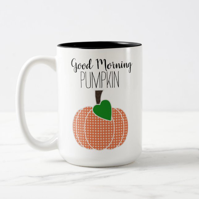 Good Morning Pumpkin Orange Gingham Plaid Two-Tone Coffee Mug (Left)