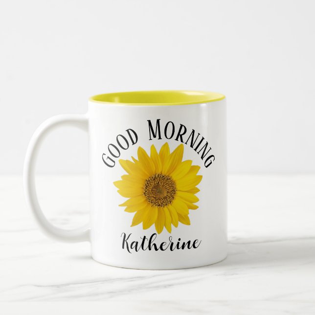 Good Morning Sunflower Custom Name Two-Tone Coffee Mug (Left)