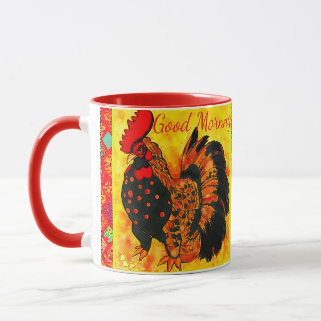  Good Morning Text Rooster Red Orange Drawing  Mug (Left)