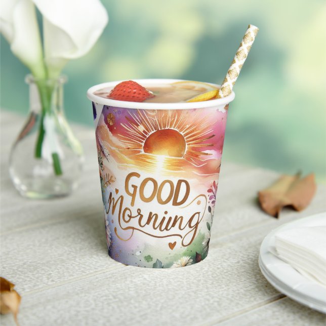 good morning water colour art  paper cups (Insitu)
