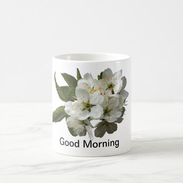 ''GOOD MORNING'' WITH BEAUTIFUL WHITE  FLOWER. COFFEE MUG (Center)