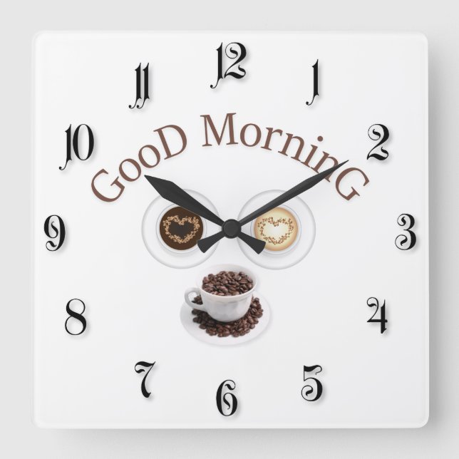 Good morning with coffee square wall clock (Front)