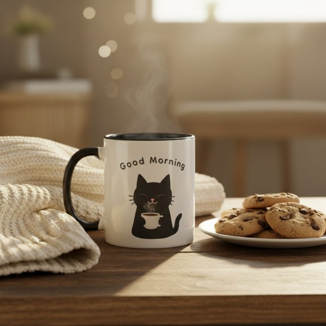 Good Morning with Cute Black Cat Coffee Mug (Creator Uploaded)