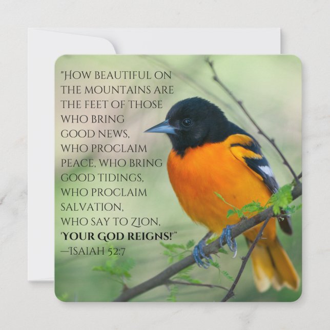 Good news card with Colourful Oriole & Isaiah 52:7 (Front)